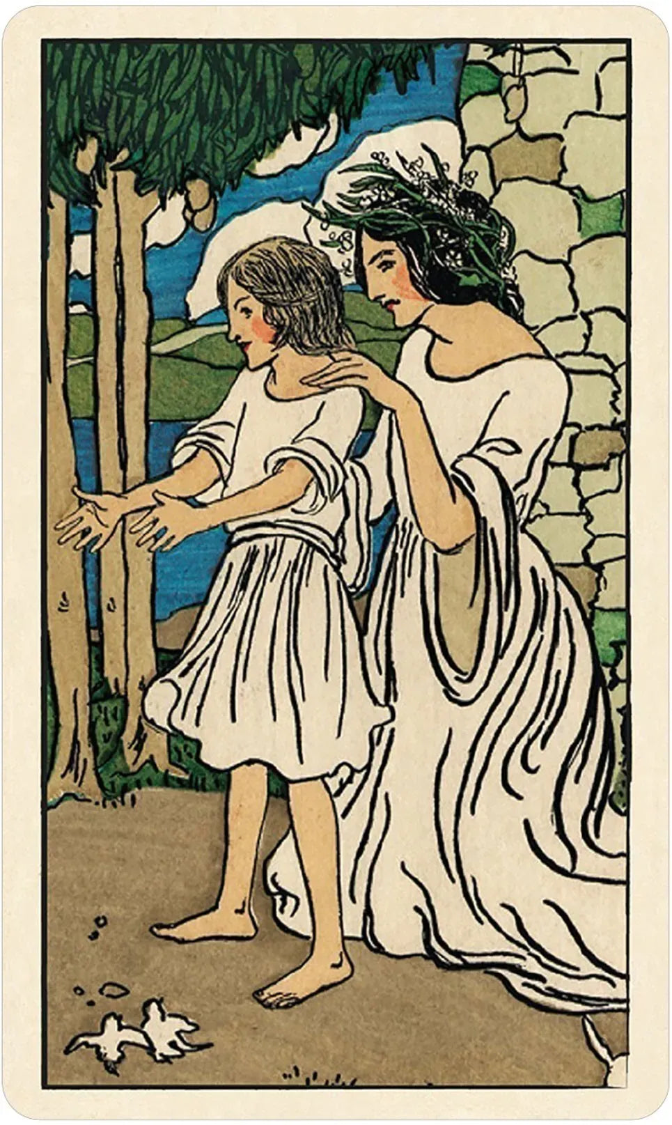 Illustration of a woman and child in a natural setting with trees and stone wall.