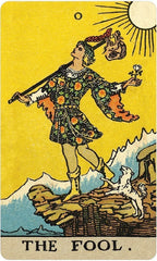 Tarot card featuring 'The Fool' with a person holding a lantern and a dog on a yellow background.