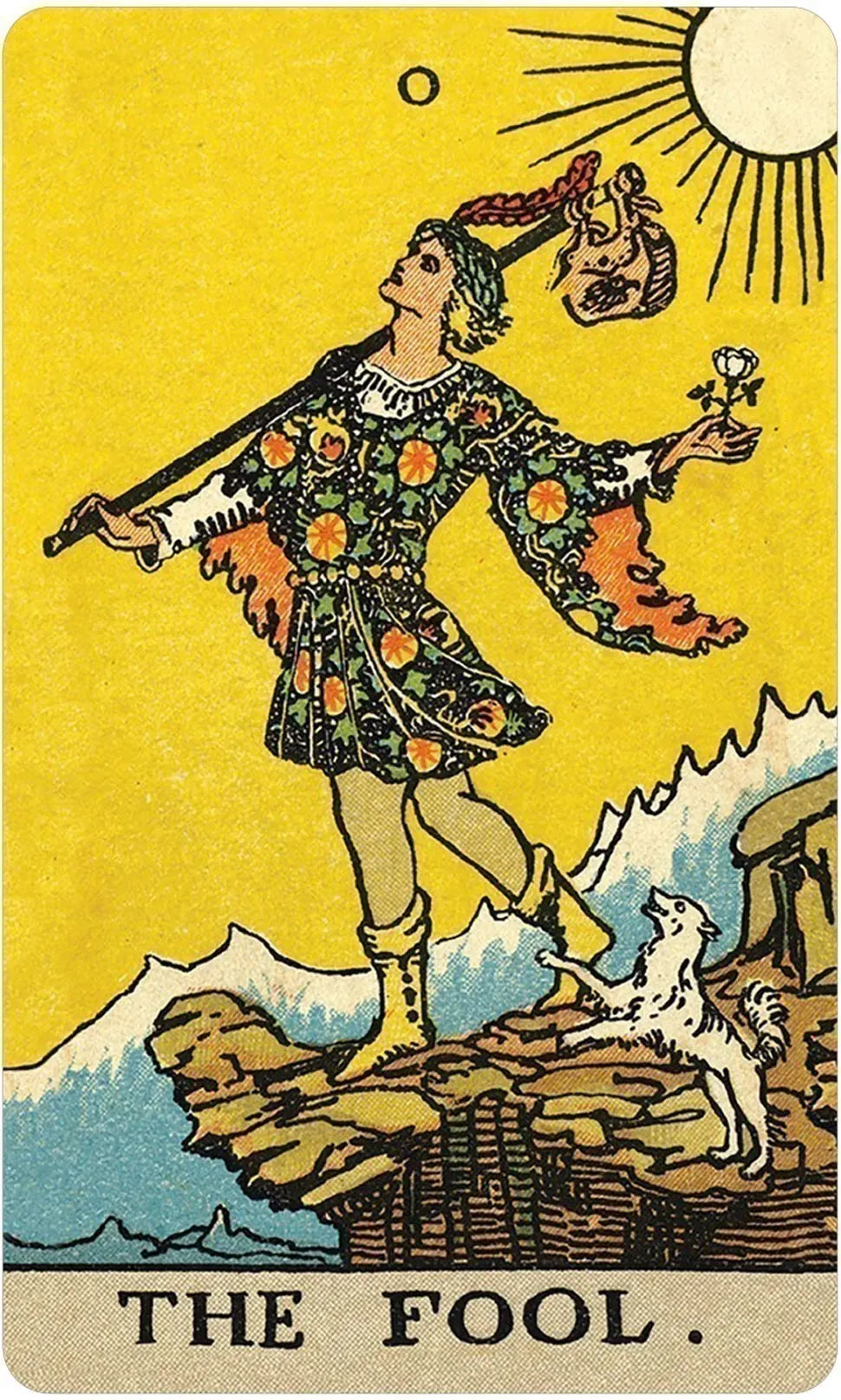 Tarot card featuring 'The Fool' with a person holding a lantern and a dog on a yellow background.