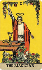 Tarot card featuring 'The Magician' with a person in robes holding a candle against a yellow background.