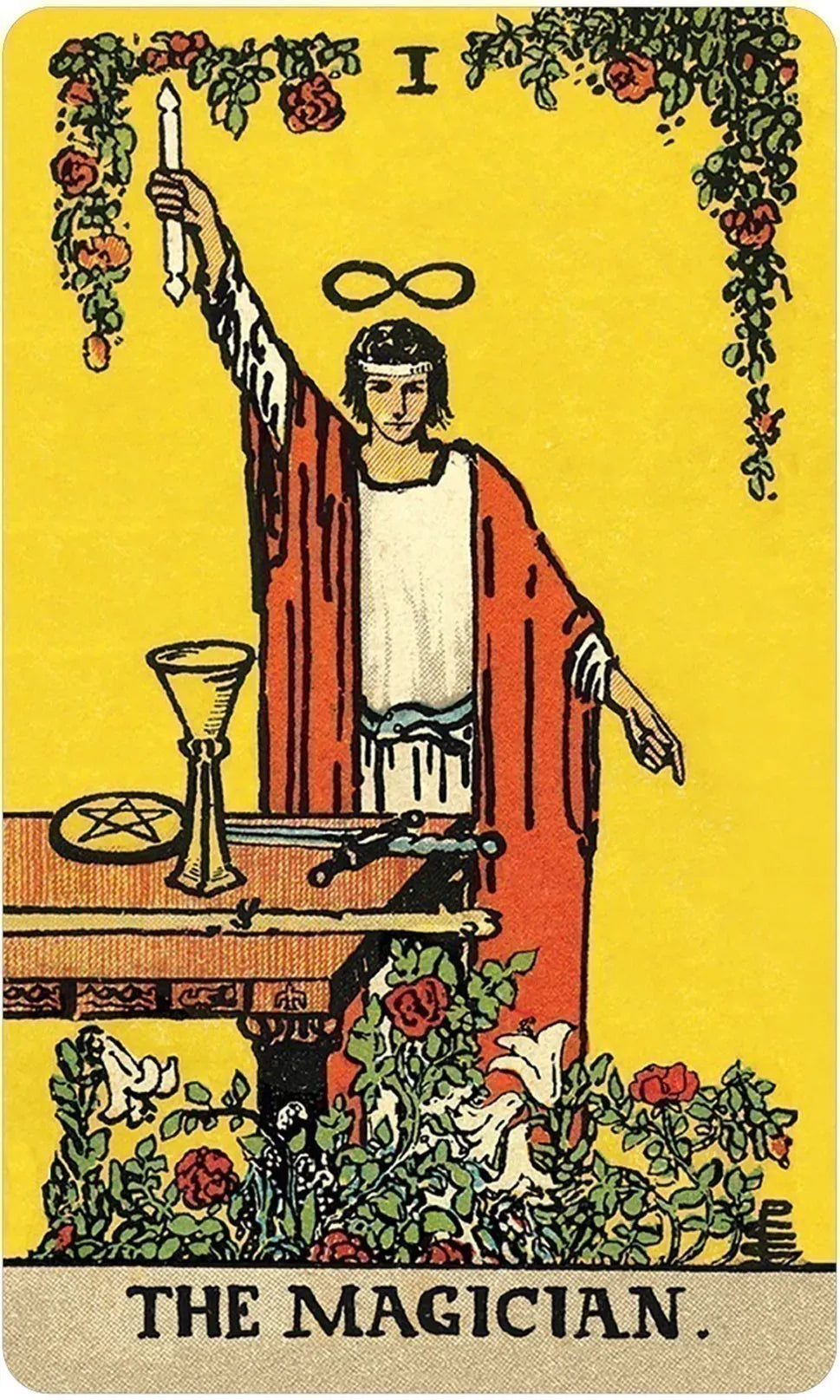 Tarot card featuring 'The Magician' with a person in robes holding a candle against a yellow background.