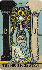 Tarot card featuring 'The High Priestess' with a figure in robes and a crown, surrounded by symbols.