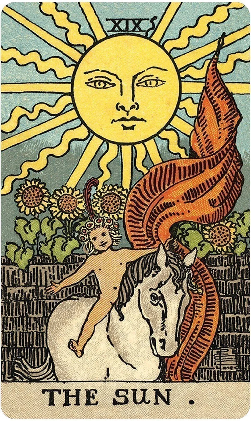 Tarot card featuring a sun with a face, a horse, and a child, labeled 'The Sun'.