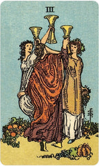 Tarot card with two figures holding cups, likely from a tarot deck