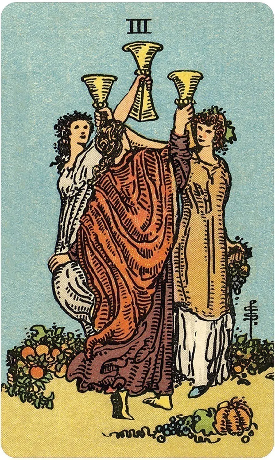 Tarot card with two figures holding cups, likely from a tarot deck