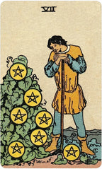Tarot card with a figure standing next to a tree with pentacle symbols, from the Rider-Waite tarot deck.