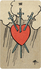 Tarot card with a red heart pierced by three swords on a beige background