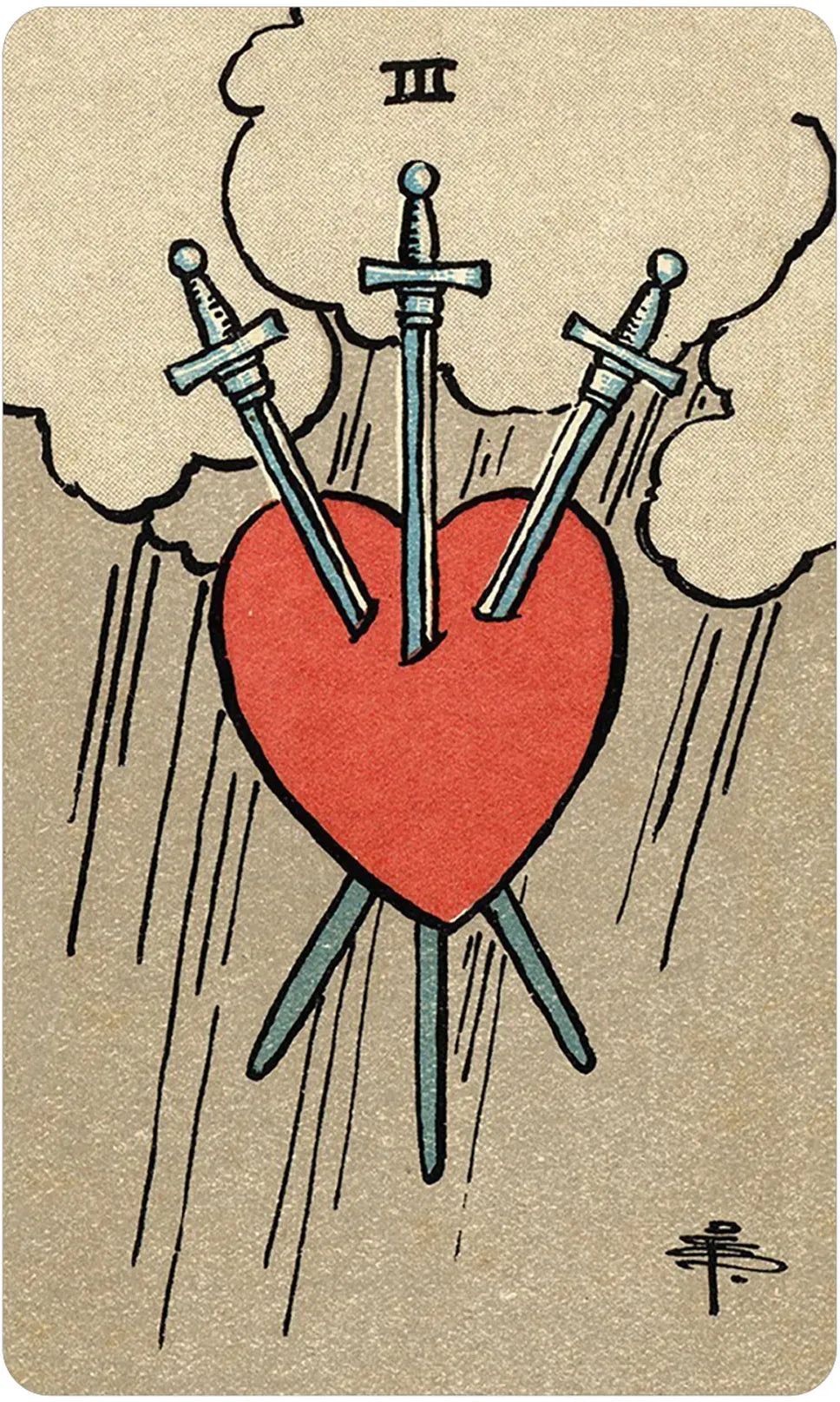 Tarot card with a red heart pierced by three swords on a beige background