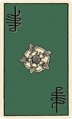 Card with a floral design and symbols on a green background