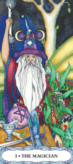 Card featuring 'The Magician' from a tarot deck with a wizard in colorful attire and mystical elements.