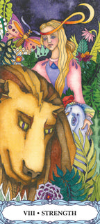 Tarot card titled 'Strength' featuring a woman with a lion and nature elements.