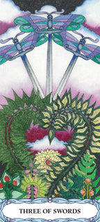 Three of Swords tarot card with swords and floral elements