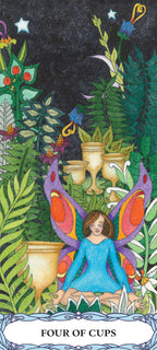 Card from a tarot deck featuring a fairy sitting among foliage with 'Four of Cups' text.