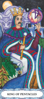 King of Pentacles tarot card with colorful attire and mystical elements