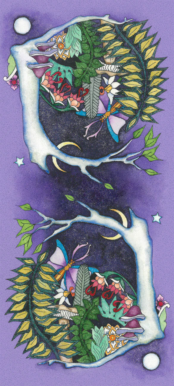 Decorative design with fairy and nature elements on a purple background