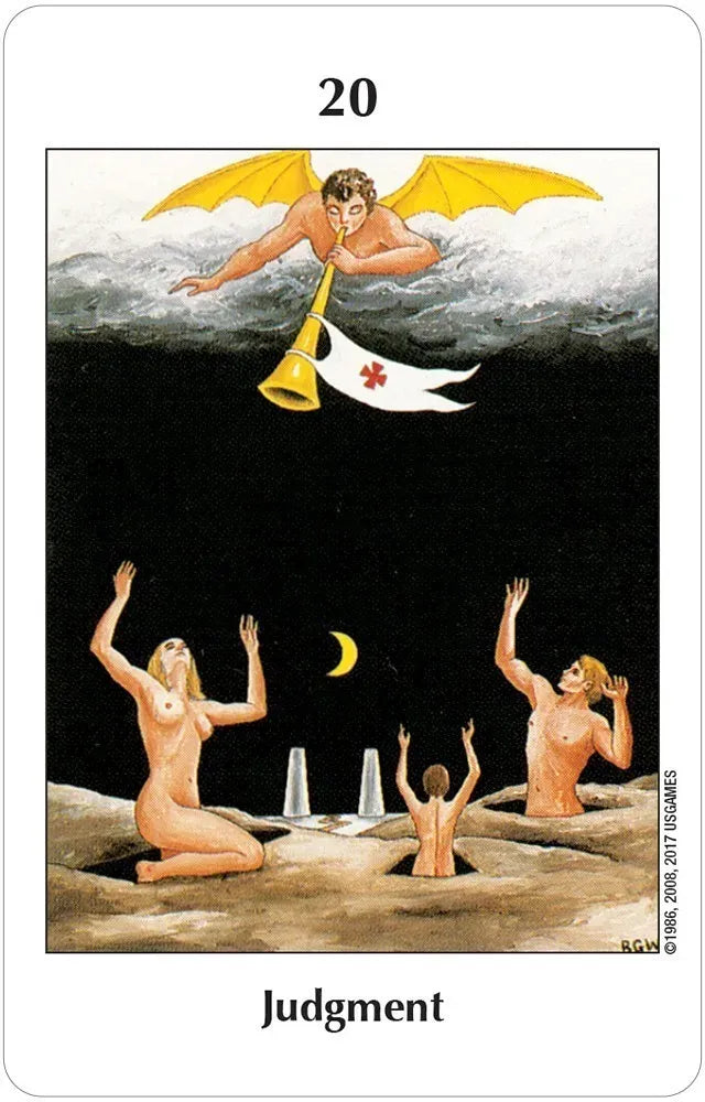 Tarot card titled 'Judgment' with a winged figure blowing a trumpet and people in a desert landscape.