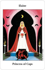 Tarot card featuring a woman in a red cloak holding a cup, with text 'Princess of Cups' and 'Elaine'.