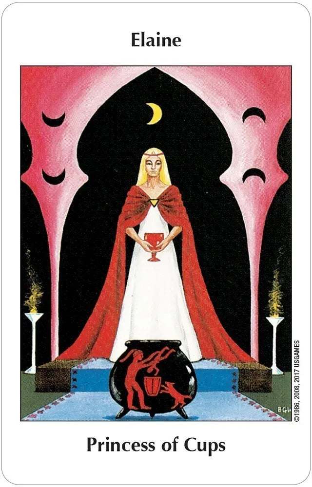 Tarot card featuring a woman in a red cloak holding a cup, with text 'Princess of Cups' and 'Elaine'.