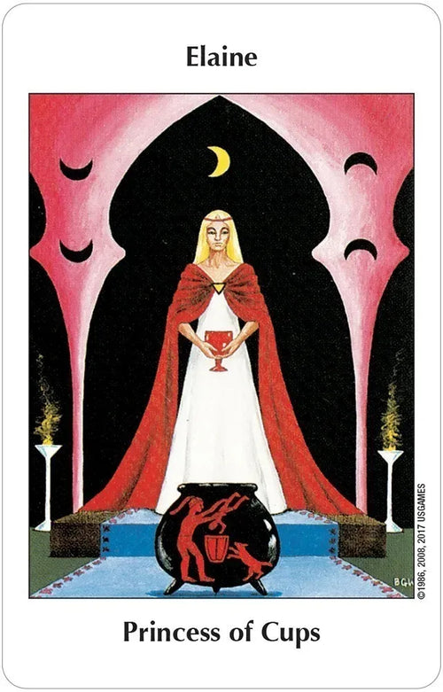 Tarot card featuring a woman in a red cloak holding a cup, with text 'Princess of Cups' and 'Elaine'.