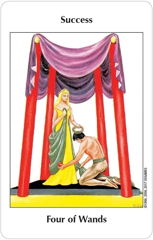 Tarot card titled 'Four of Wands' with a woman receiving a crown from a man, draped curtains, and text 'Success'.