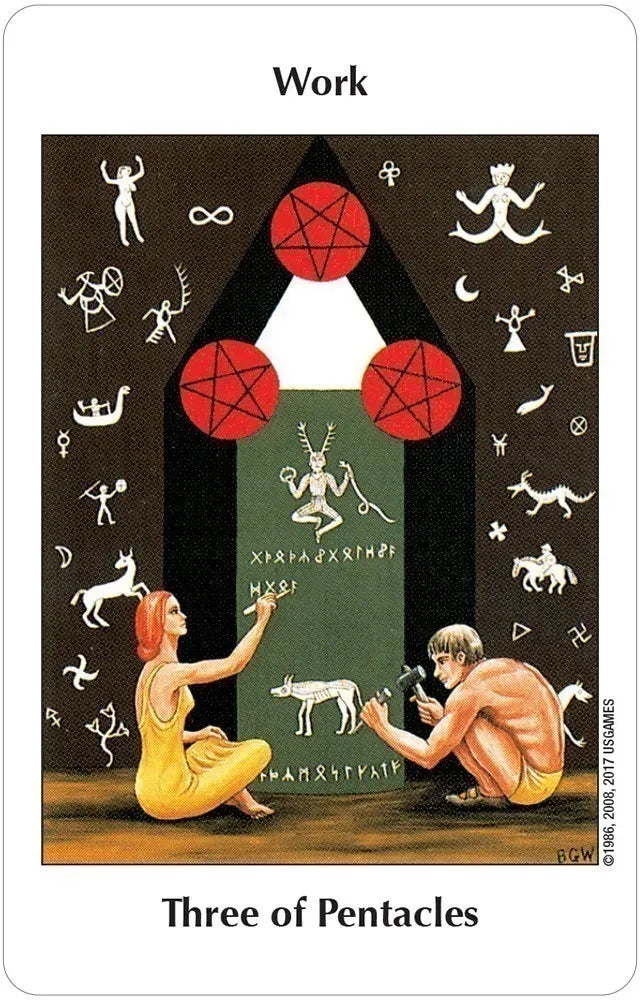 Tarot card titled 'Three of Pentacles' with two people and symbols around them.