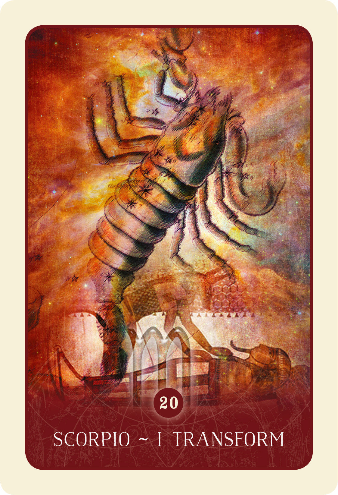 Scorpio zodiac card with colorful design and text '20 Scorpio ~ I Transform' on a red background