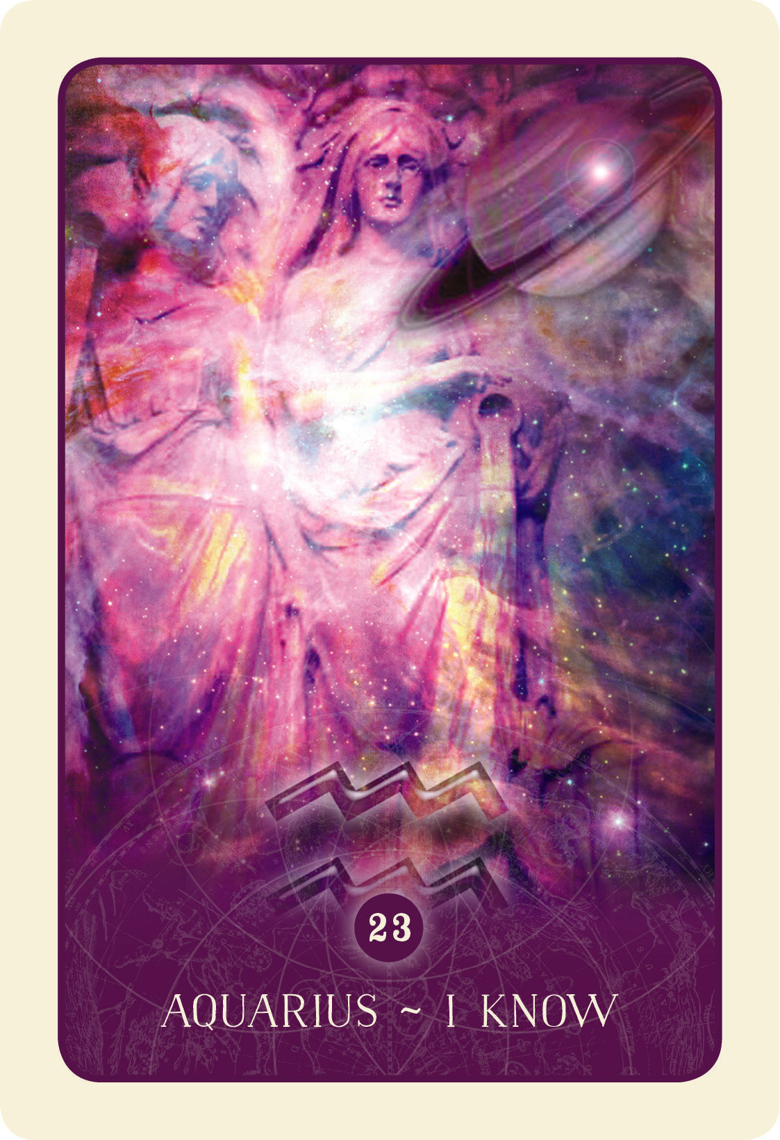 Aquarius tarot card with a colorful angelic figure and celestial elements.