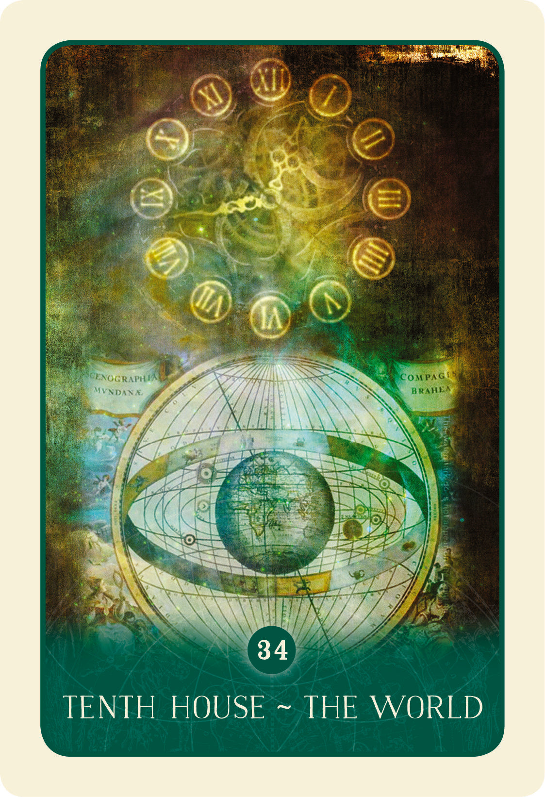Card with astrological symbols and a globe, labeled 'Tenth House - The World'.