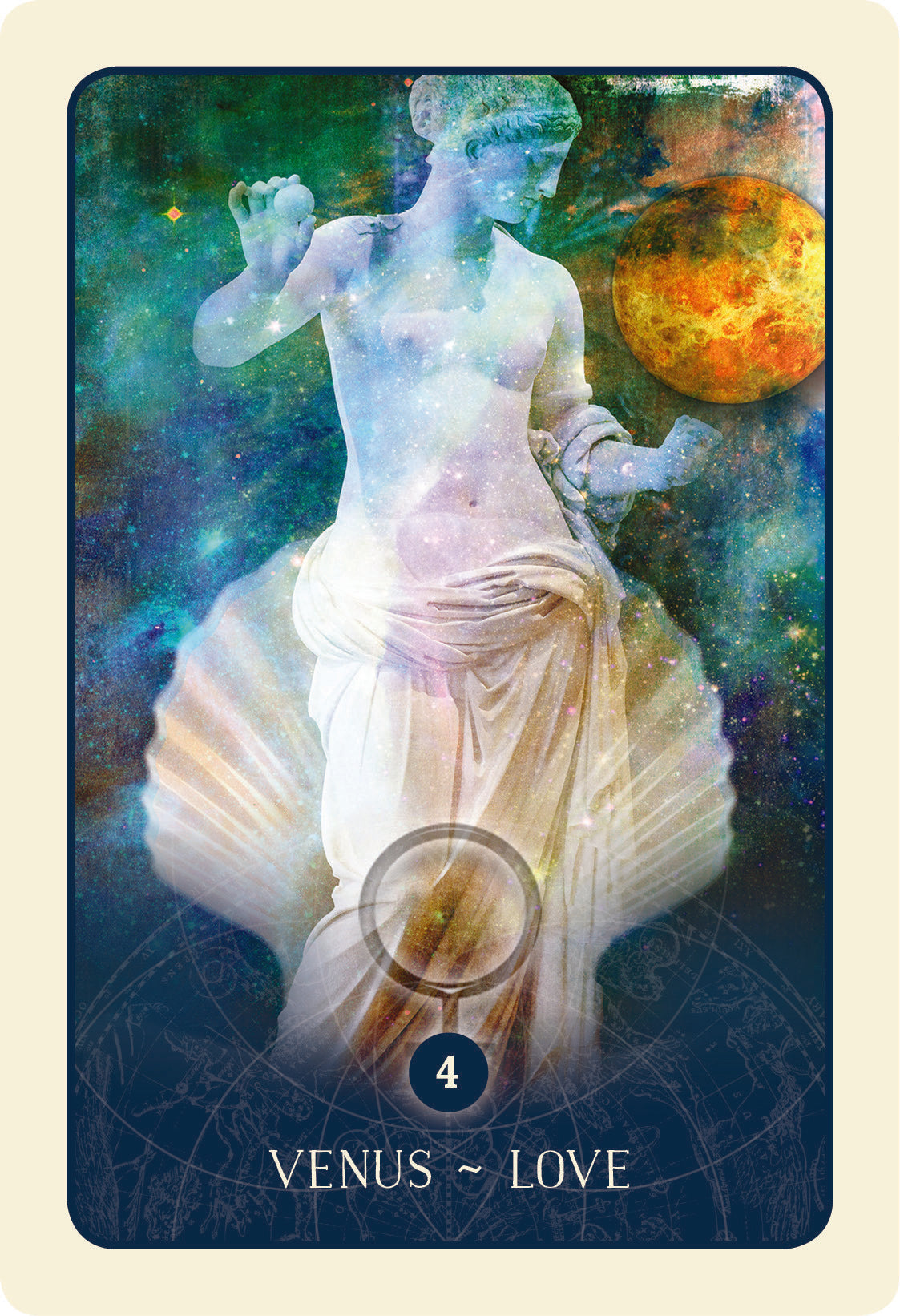 Card featuring a classical statue with a celestial background, labeled 'Venus - Love'.