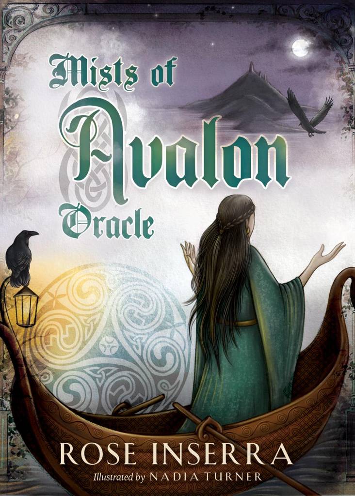 Book cover of 'Mists of Avalon Oracle' by Rose Inserra with a woman in a boat and raven.