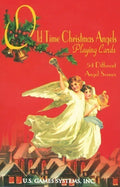 Cover of 'Old Time Christmas Angels Playing Cards' with angels and holly design on a red background.