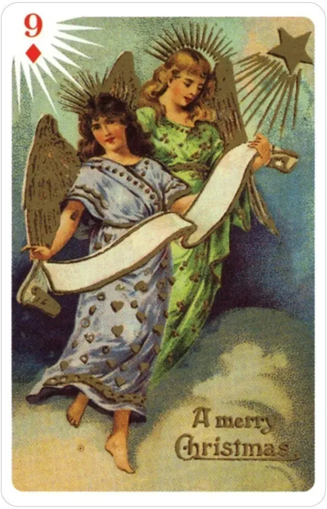 Vintage-style card with two angelic figures holding a banner, labeled 'A merry Christmas'.