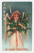 Vintage-style Christmas card with an angel holding a holly wreath, labeled 'Joker'.
