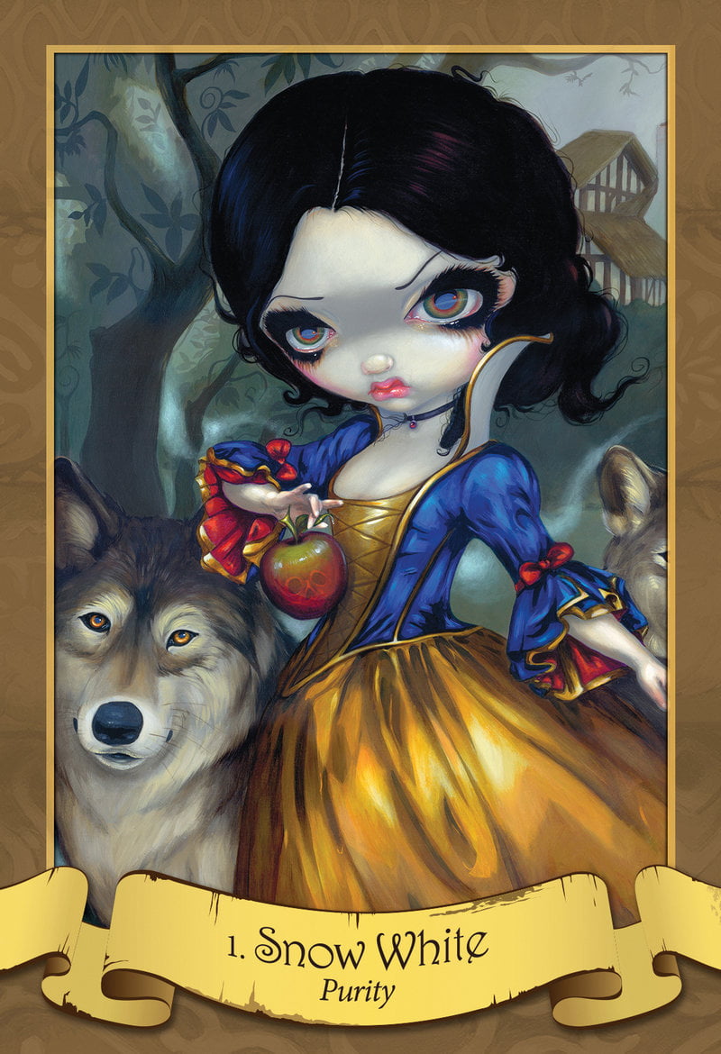 Illustration of Snow White with two wolves, featuring a fantasy theme.