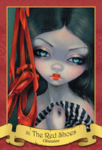 Illustration of a girl with red shoes and a red background, featuring the text 'The Red Shoes Obsession'.