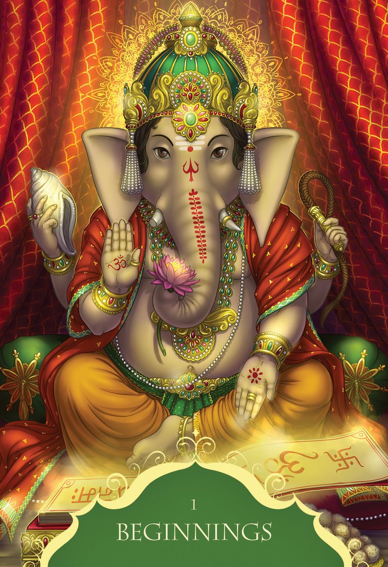 Decorative card featuring an illustration of a deity with intricate jewelry and a red curtain background.