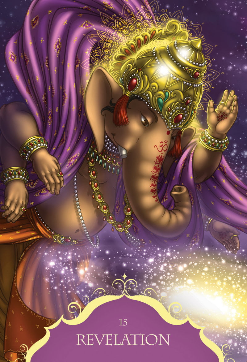 Decorative card featuring an illustration of a deity with intricate jewelry and a purple background.