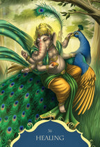 Illustration of a deity sitting on a peacock with 'Healing' text at the bottom.