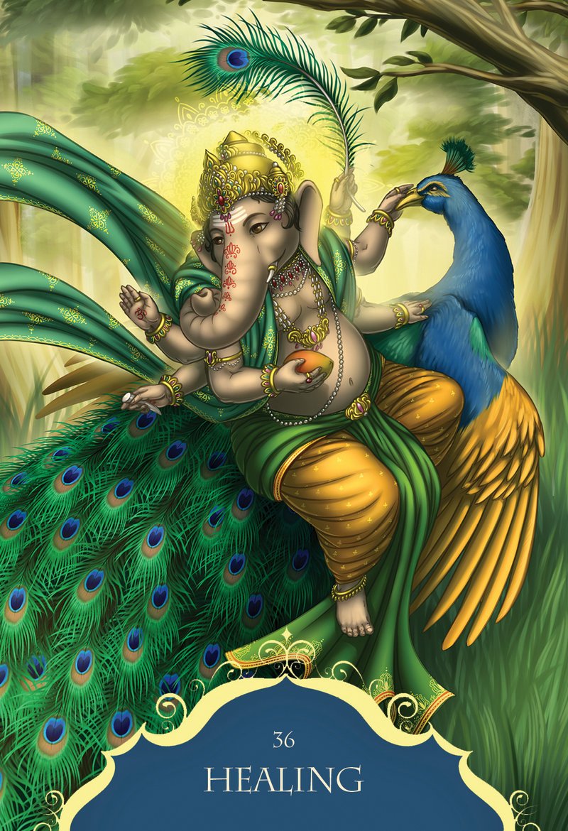 Illustration of a deity sitting on a peacock with 'Healing' text at the bottom.
