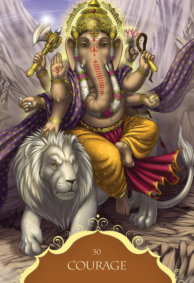 God Ganesha sitting on a lion with 'Courage' text at the bottom