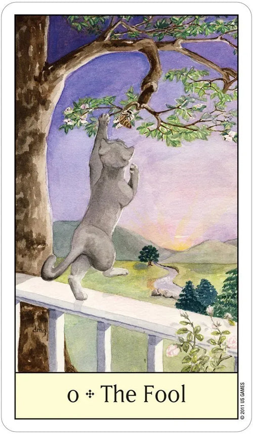 Card titled 'The Fool' featuring a cat on a fence with a scenic background