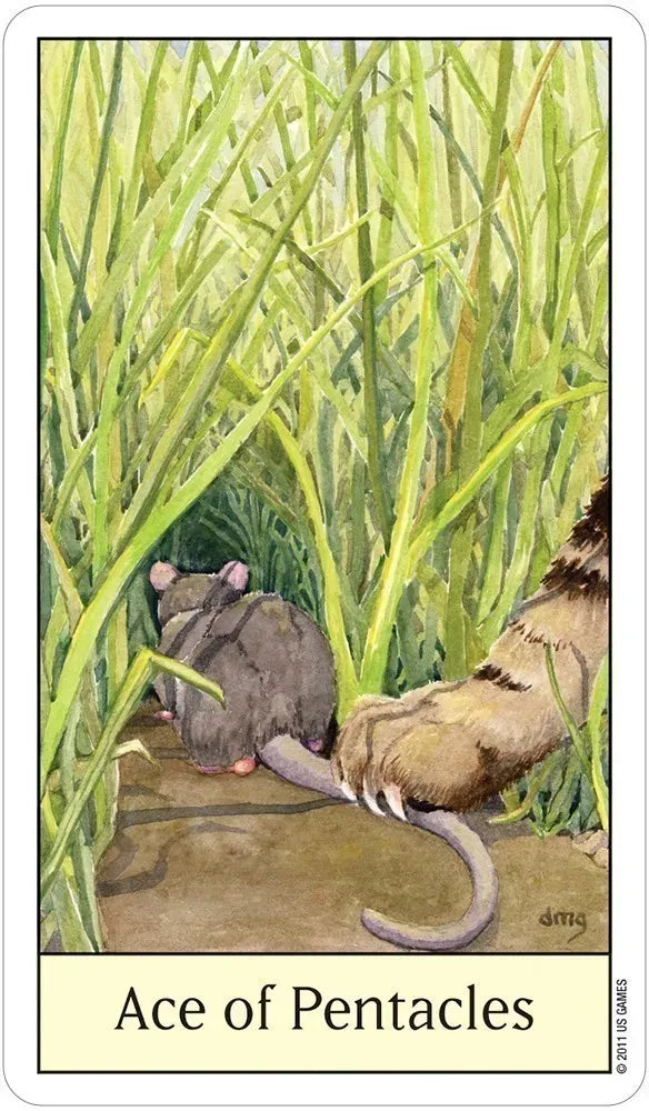 Card featuring two rats in grass with 'Ace of Pentacles' text at the bottom.