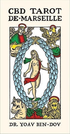 Cover of 'CBD Tarot de Marseille' by Dr. Yoav Ben-Dov featuring tarot card design with figures and symbols.