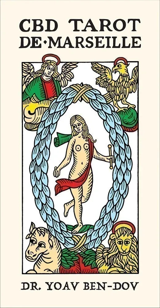 Cover of 'CBD Tarot de Marseille' by Dr. Yoav Ben-Dov featuring tarot card design with figures and symbols.