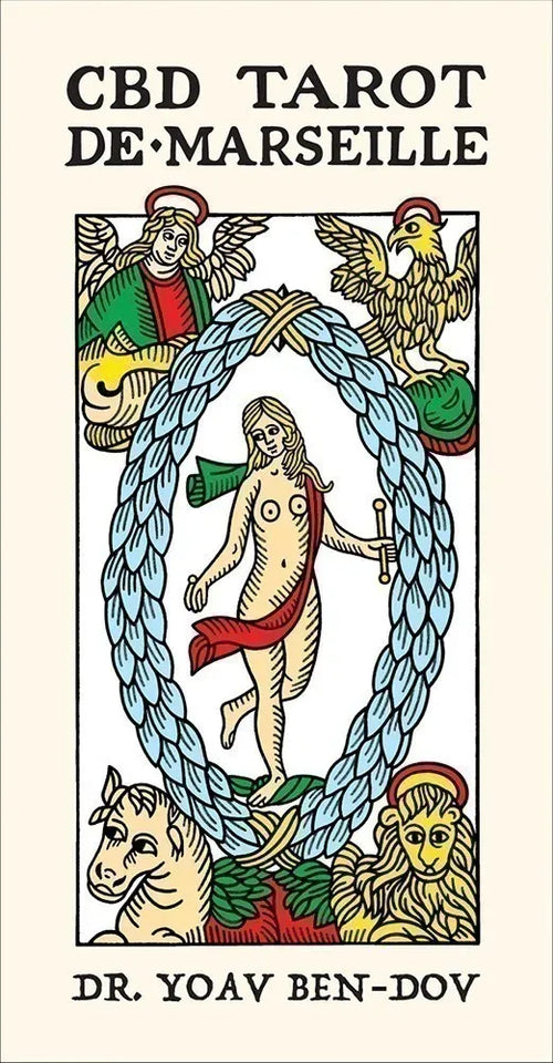 Cover of 'CBD Tarot de Marseille' by Dr. Yoav Ben-Dov featuring tarot card design with figures and symbols.