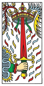Colorful illustration of a sword held by a hand with a colorful background