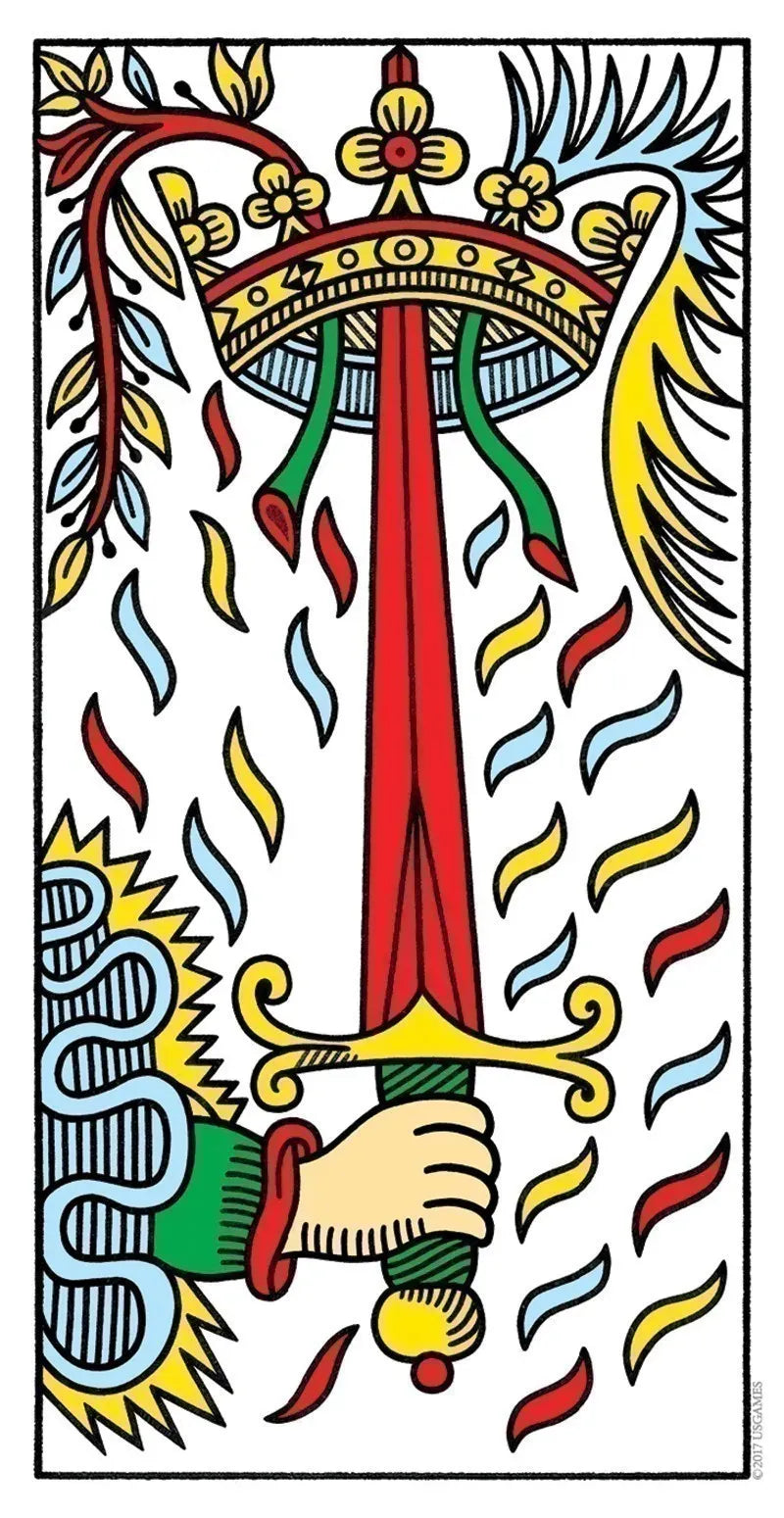 Colorful illustration of a sword held by a hand with a colorful background