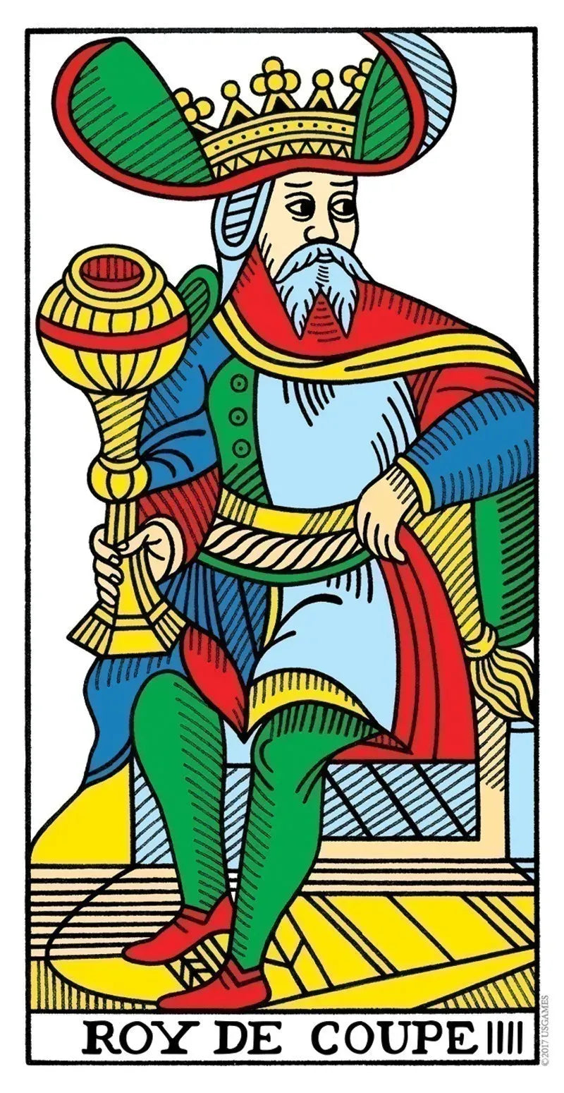 Card from a tarot deck featuring a king with a crown and scepter, labeled 'Roy de Coupe III'.