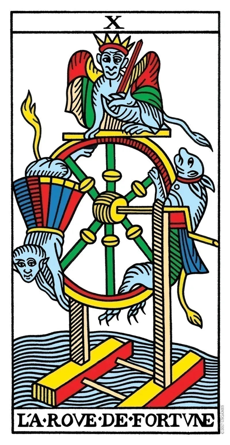 Tarot card featuring a rooster on a wheel with Roman numeral X and 'La Rove de Fortune' text.