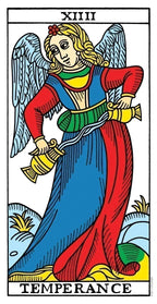Tarot card featuring an angel with a pitcher labeled 'Temperance'.